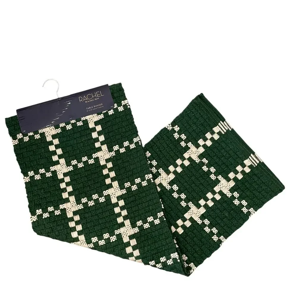 Rachel Roy Checkered Jute Table Runner 16x90 Christmas Holiday Green Cream New